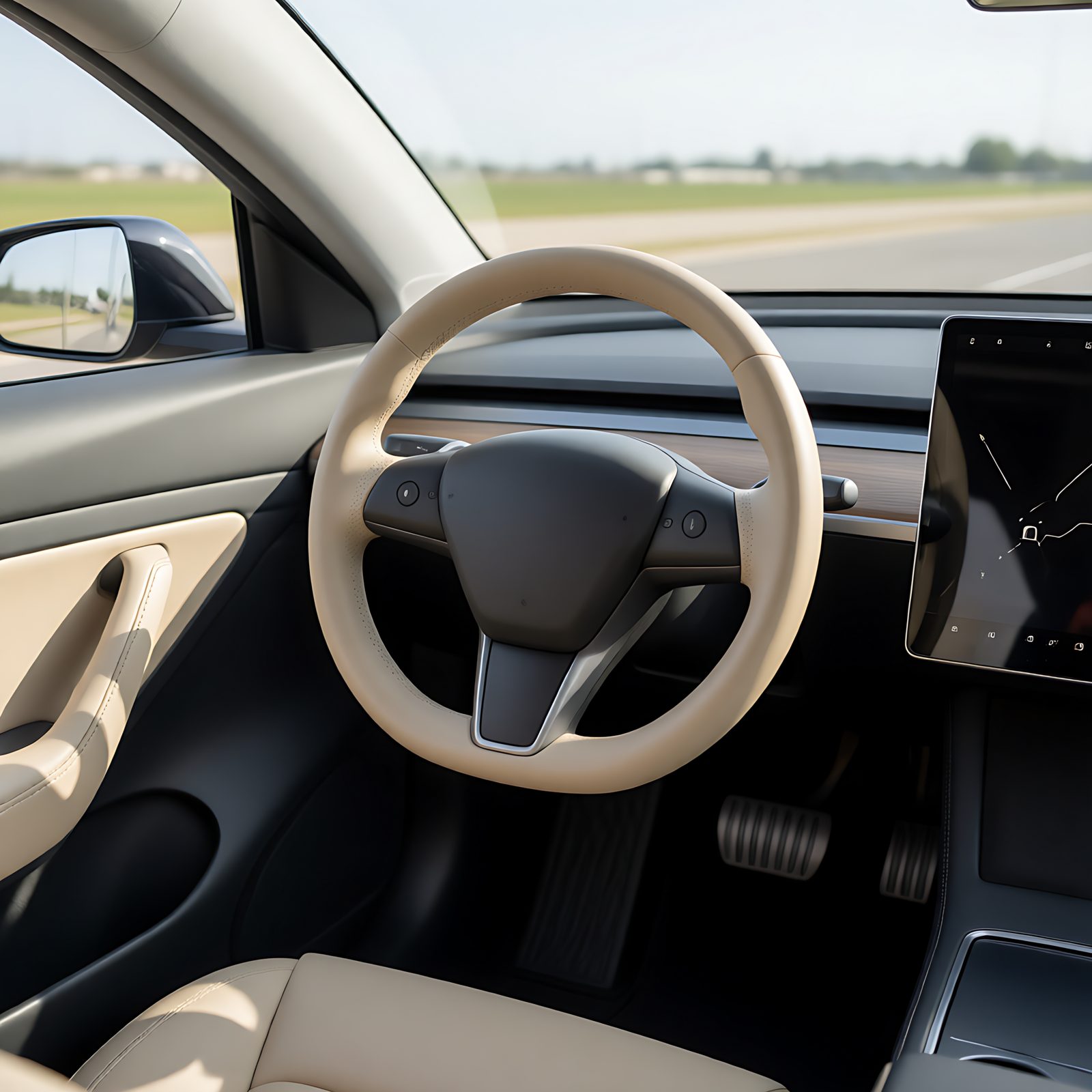 Genuine Leather Steering Wheel Cover for Tesla Model 3 & Model Y - Nappa Texture, Cream Beige - 图片 2