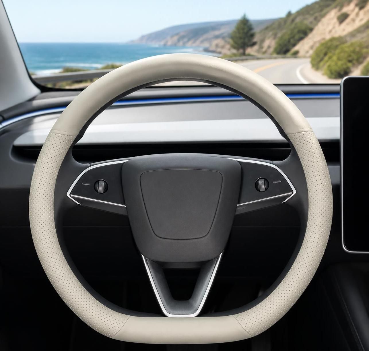 Genuine Leather Steering Wheel Cover for Tesla Model 3 & Model Y - Nappa Texture, Cream Beige - 图片 4