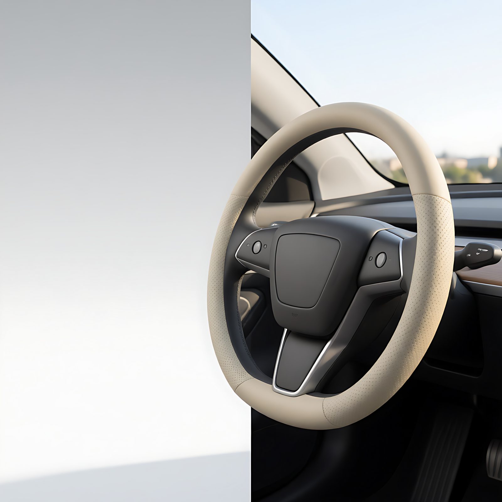 Genuine Leather Steering Wheel Cover for Tesla Model 3 & Model Y - Nappa Texture, Cream Beige - 图片 5